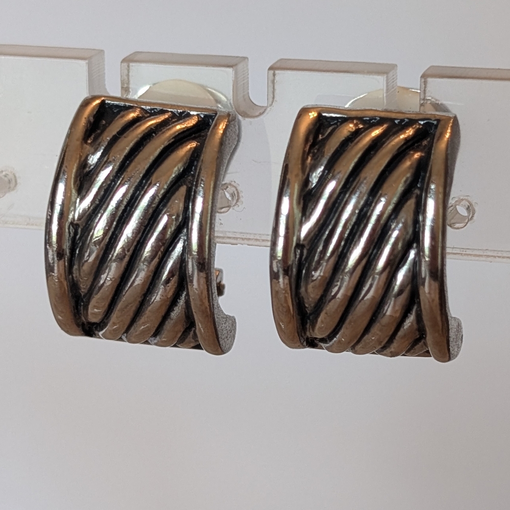 Vintage Silver Tone Cable Twist Cigar Band Half Hoop Clip Earrings